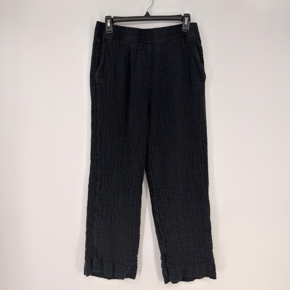 Tahari Linen Pants Women Large Black Crinkle Wide Leg Coastal Grandma Minimalist